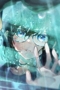 Preview wallpaper girl, sunglasses, window, drops, rain, anime