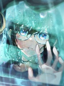 Preview wallpaper girl, sunglasses, window, drops, rain, anime
