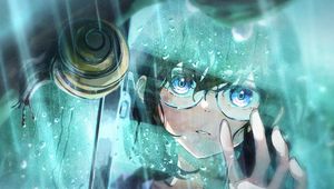 Preview wallpaper girl, sunglasses, window, drops, rain, anime