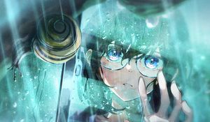 Preview wallpaper girl, sunglasses, window, drops, rain, anime