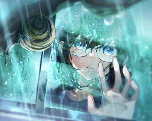 Preview wallpaper girl, sunglasses, window, drops, rain, anime