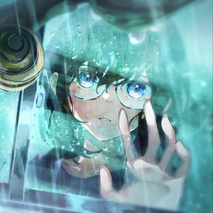 Preview wallpaper girl, sunglasses, window, drops, rain, anime