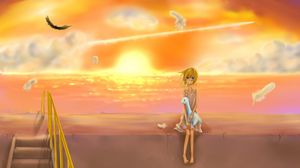 Preview wallpaper girl, sunset, feathers