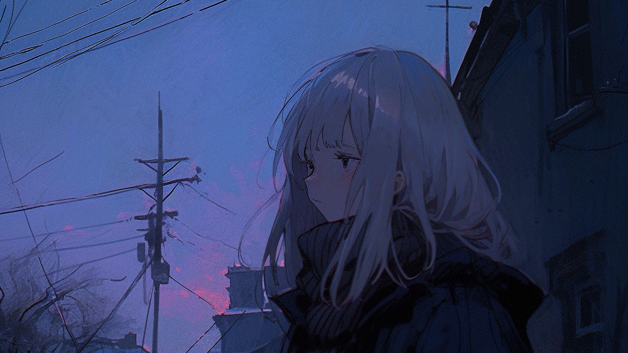 Wallpaper girl, sweater, evening, anime, blue