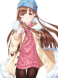 Preview wallpaper girl, sweater, hat, winter, anime