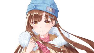 Preview wallpaper girl, sweater, hat, winter, anime