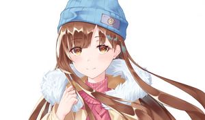 Preview wallpaper girl, sweater, hat, winter, anime