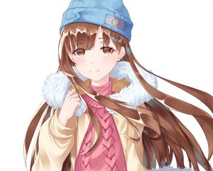 Preview wallpaper girl, sweater, hat, winter, anime