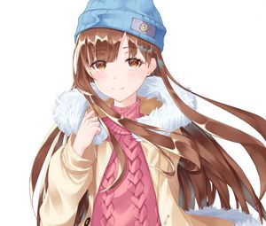 Preview wallpaper girl, sweater, hat, winter, anime