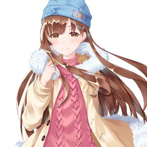 Preview wallpaper girl, sweater, hat, winter, anime