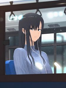 Preview wallpaper girl, sweater, headphones, window, anime