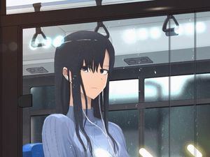 Preview wallpaper girl, sweater, headphones, window, anime