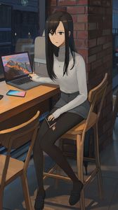 Preview wallpaper girl, sweater, laptop, work, anime