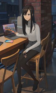 Preview wallpaper girl, sweater, laptop, work, anime