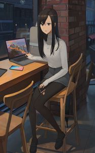 Preview wallpaper girl, sweater, laptop, work, anime