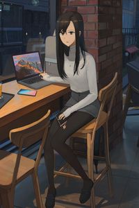 Preview wallpaper girl, sweater, laptop, work, anime