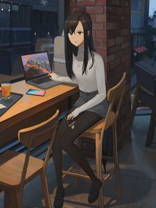 Preview wallpaper girl, sweater, laptop, work, anime