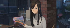 Preview wallpaper girl, sweater, laptop, work, anime