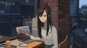 Preview wallpaper girl, sweater, laptop, work, anime