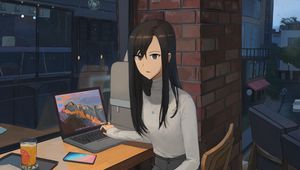 Preview wallpaper girl, sweater, laptop, work, anime