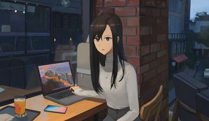 Preview wallpaper girl, sweater, laptop, work, anime