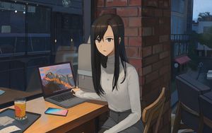 Preview wallpaper girl, sweater, laptop, work, anime