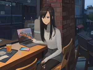 Preview wallpaper girl, sweater, laptop, work, anime