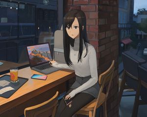 Preview wallpaper girl, sweater, laptop, work, anime