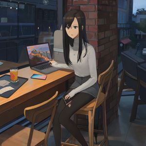 Preview wallpaper girl, sweater, laptop, work, anime