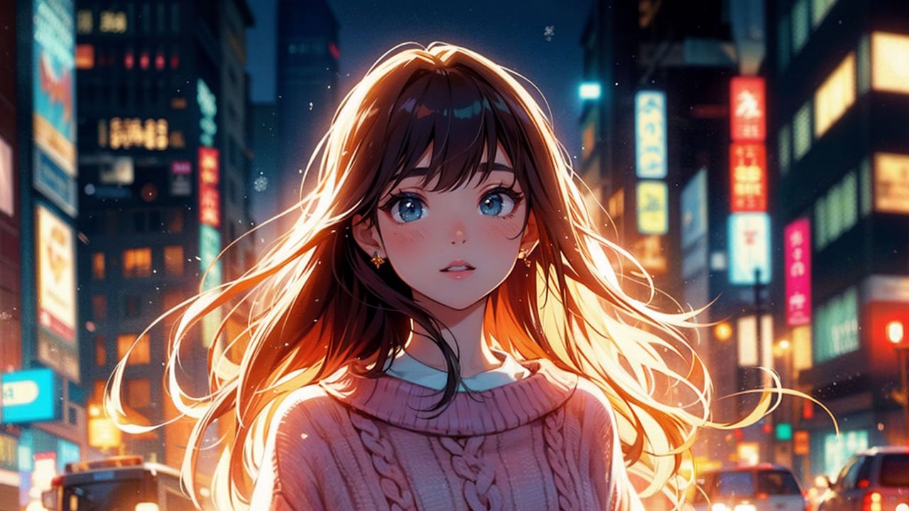 Wallpaper girl, sweater, light, street, evening, anime, art