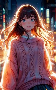 Preview wallpaper girl, sweater, light, street, evening, anime, art