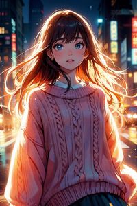 Preview wallpaper girl, sweater, light, street, evening, anime, art