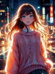 Preview wallpaper girl, sweater, light, street, evening, anime, art