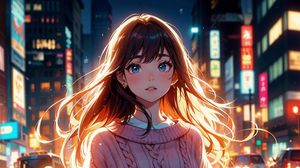 Preview wallpaper girl, sweater, light, street, evening, anime, art