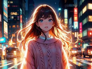 Preview wallpaper girl, sweater, light, street, evening, anime, art