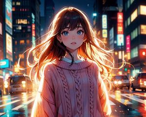 Preview wallpaper girl, sweater, light, street, evening, anime, art