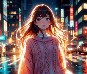 Preview wallpaper girl, sweater, light, street, evening, anime, art