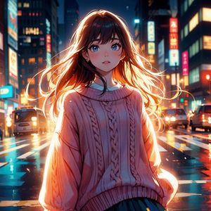 Preview wallpaper girl, sweater, light, street, evening, anime, art