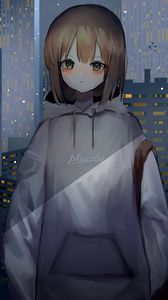 Preview wallpaper girl, sweatshirt, buildings, city, anime