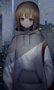 Preview wallpaper girl, sweatshirt, buildings, city, anime