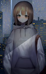 Preview wallpaper girl, sweatshirt, buildings, city, anime