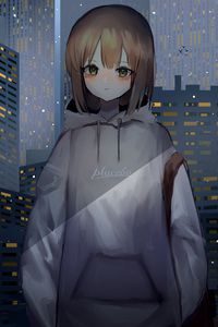 Preview wallpaper girl, sweatshirt, buildings, city, anime