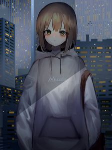 Preview wallpaper girl, sweatshirt, buildings, city, anime