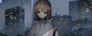 Preview wallpaper girl, sweatshirt, buildings, city, anime