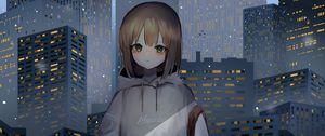 Preview wallpaper girl, sweatshirt, buildings, city, anime