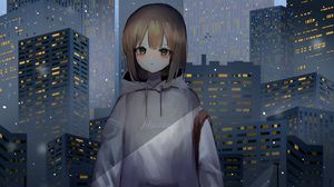 Preview wallpaper girl, sweatshirt, buildings, city, anime