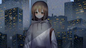 Preview wallpaper girl, sweatshirt, buildings, city, anime