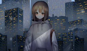 Preview wallpaper girl, sweatshirt, buildings, city, anime