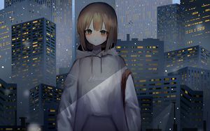 Preview wallpaper girl, sweatshirt, buildings, city, anime