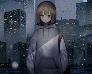 Preview wallpaper girl, sweatshirt, buildings, city, anime